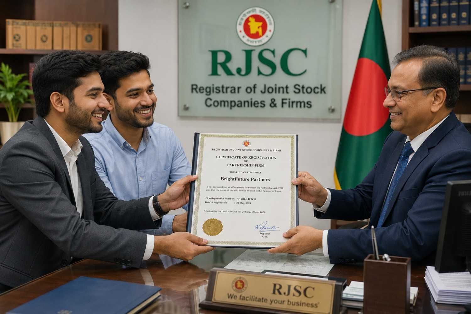 Business partners joining partnership firm registration in Bangladesh office