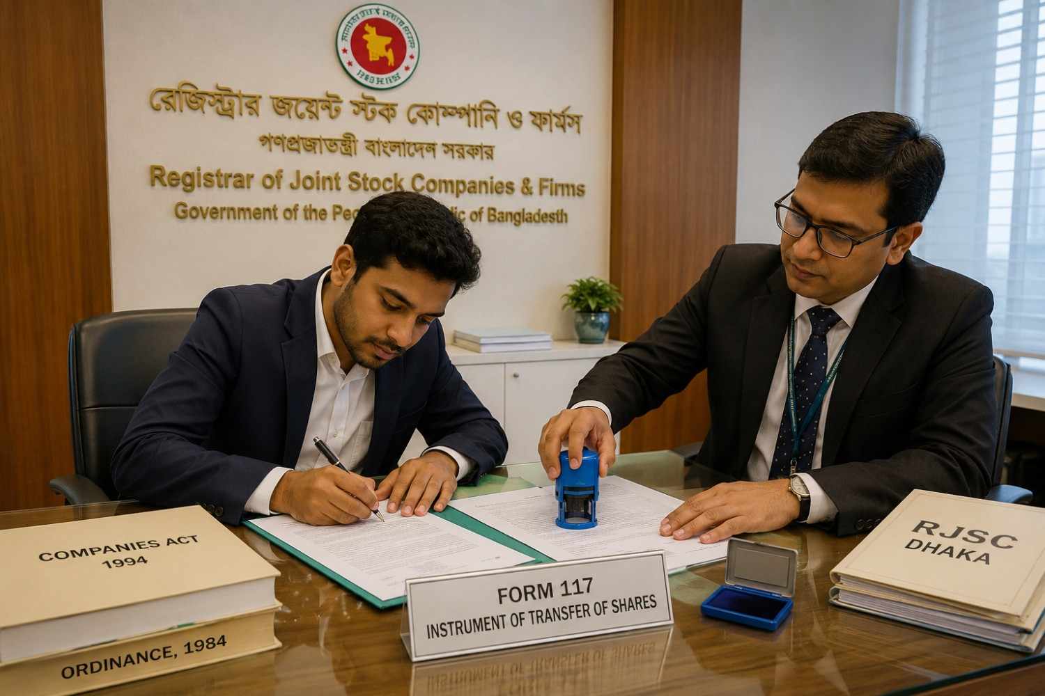 Signing Form 117 instrument of transfer at RJSC office Dhaka