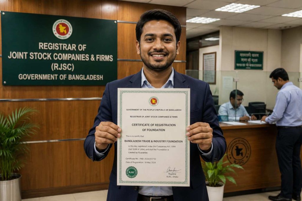 Receiving foundation registration certificate from RJSC Bangladesh after successful approval
