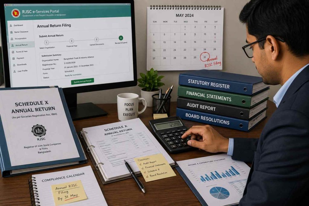RJSC annual return and Schedule X filing for foundation compliance in Bangladesh