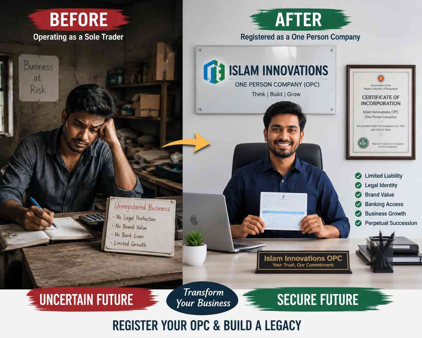 Before and after transformation from sole trader to registered One Person Company