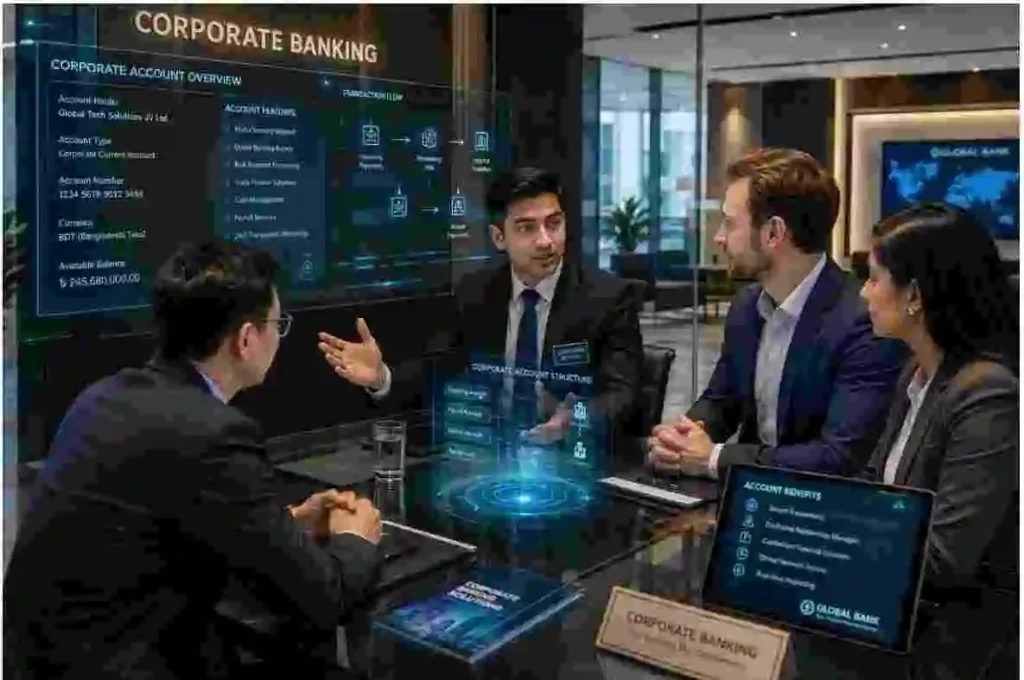 Business team reviewing corporate bank account setup for a company in Bangladesh