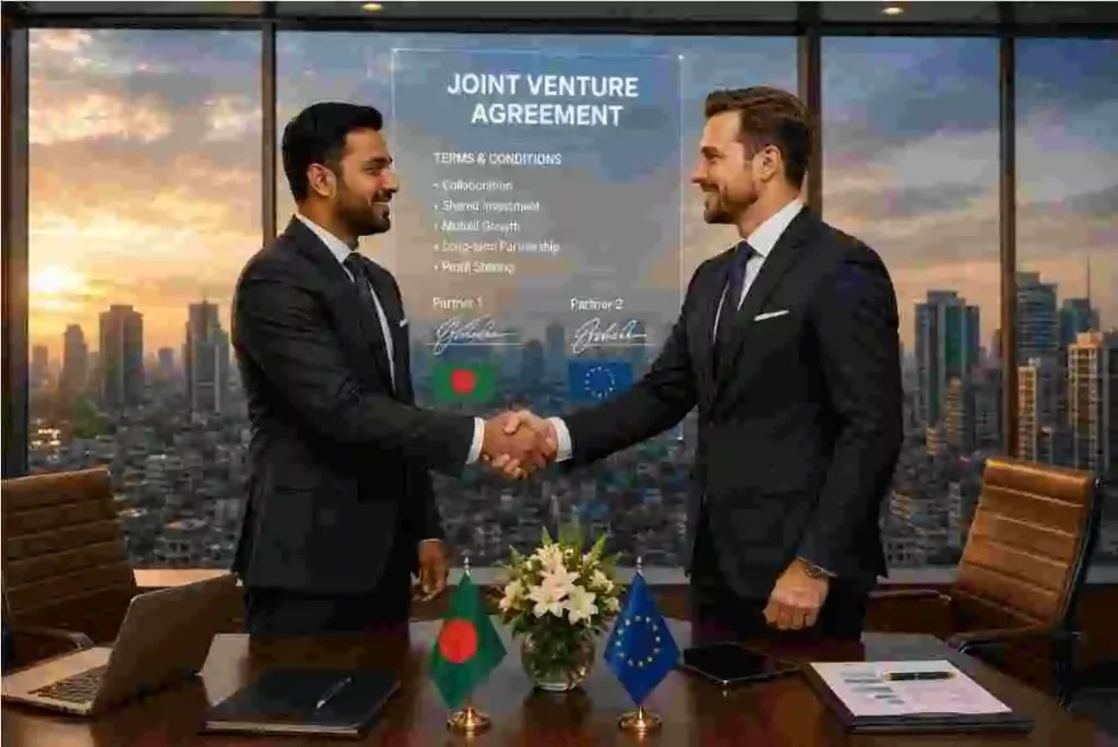 Foreign and local business partners shaking hands after signing a joint venture agreement in Bangladesh